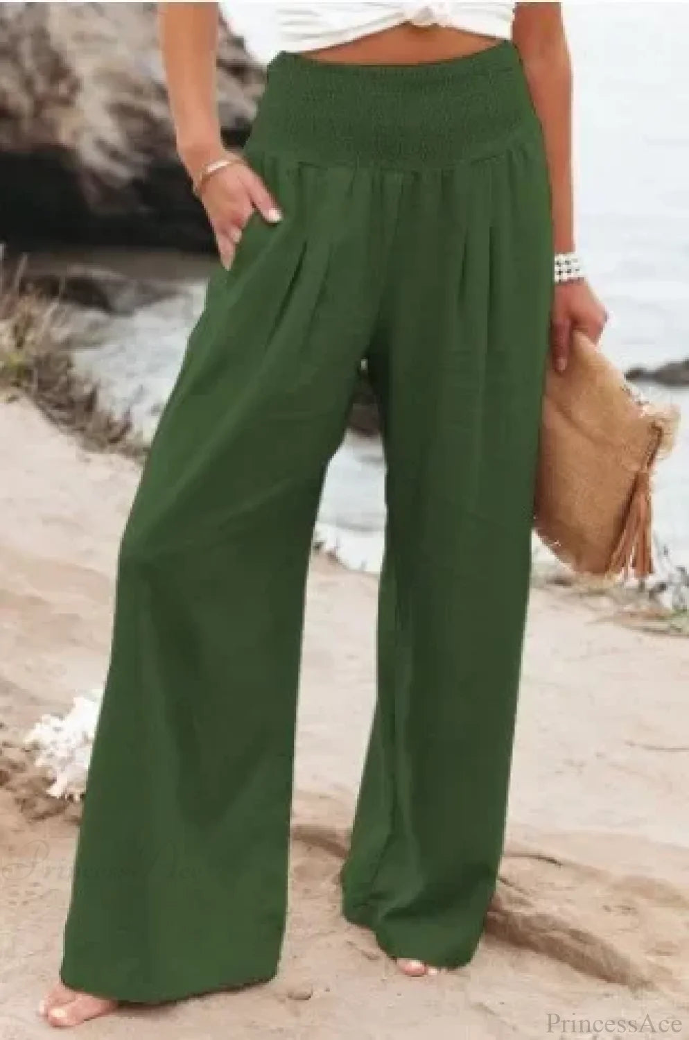 Casual Elastic Waist Linen Wide Pants Armygreen / S