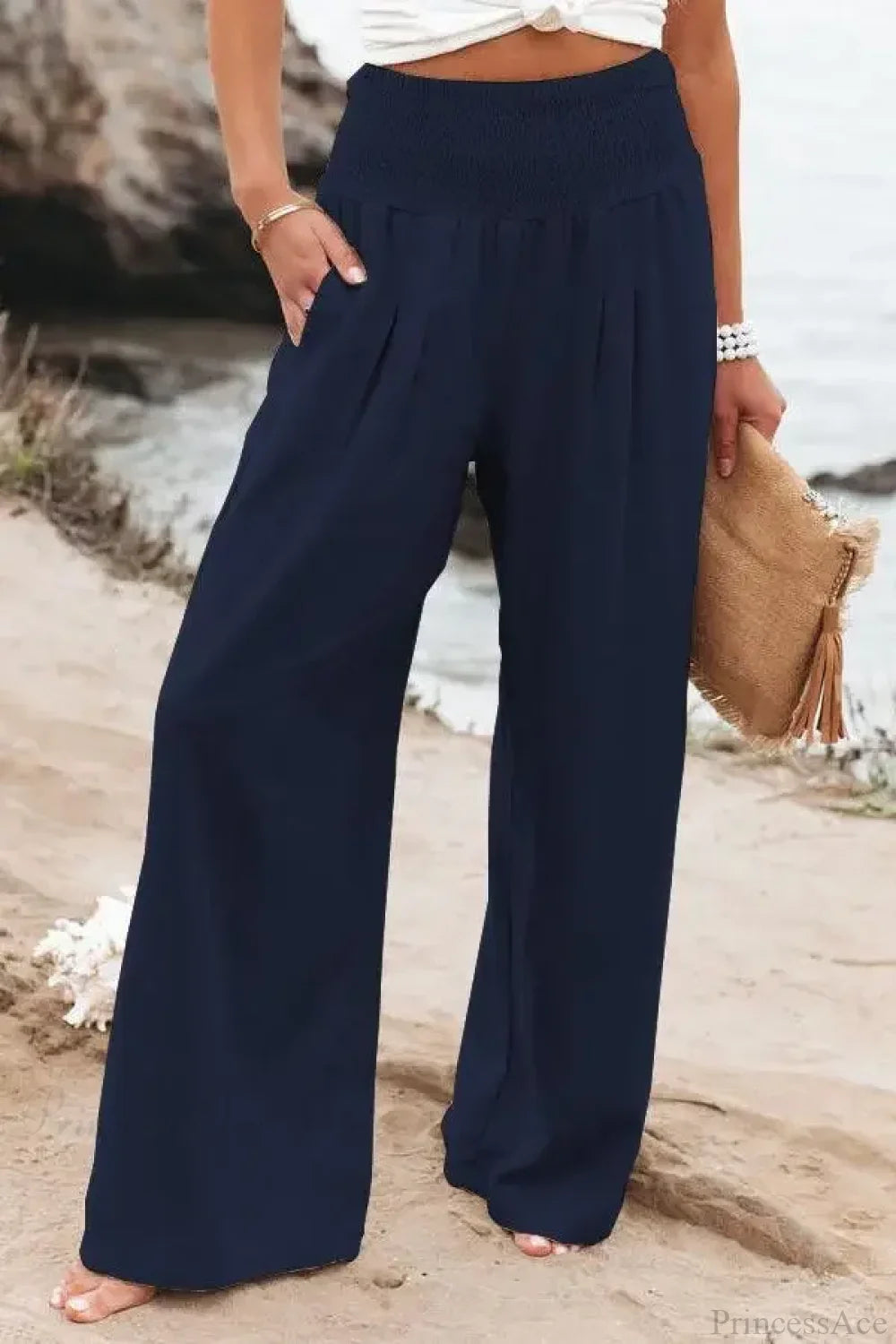 Casual Elastic Waist Linen Wide Pants Dark blue / S