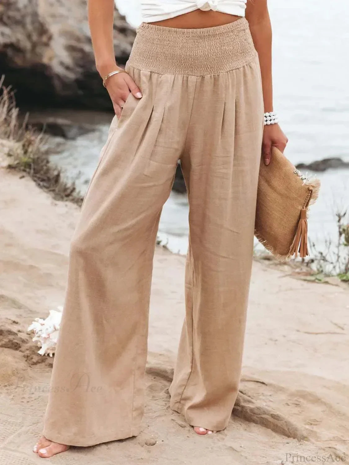 Casual Elastic Waist Linen Wide Pants Khaki / S