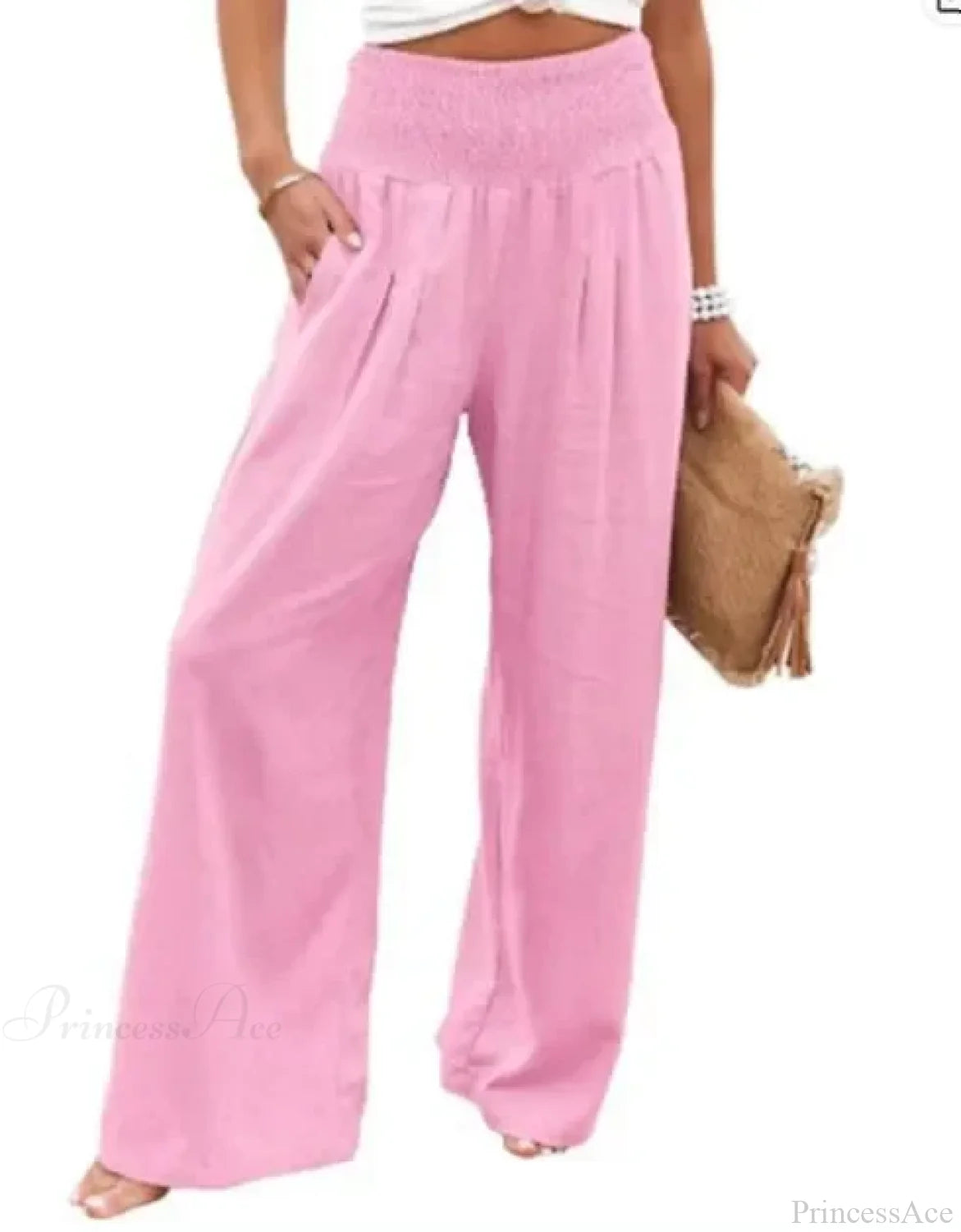 Casual Elastic Waist Linen Wide Pants Pink / S