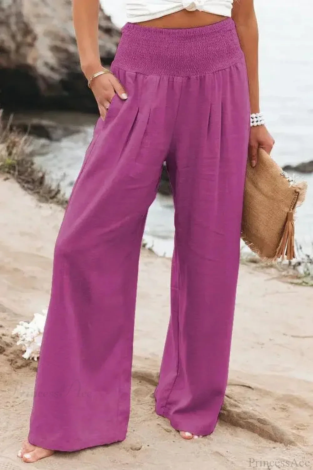 Casual Elastic Waist Linen Wide Pants Rose / S