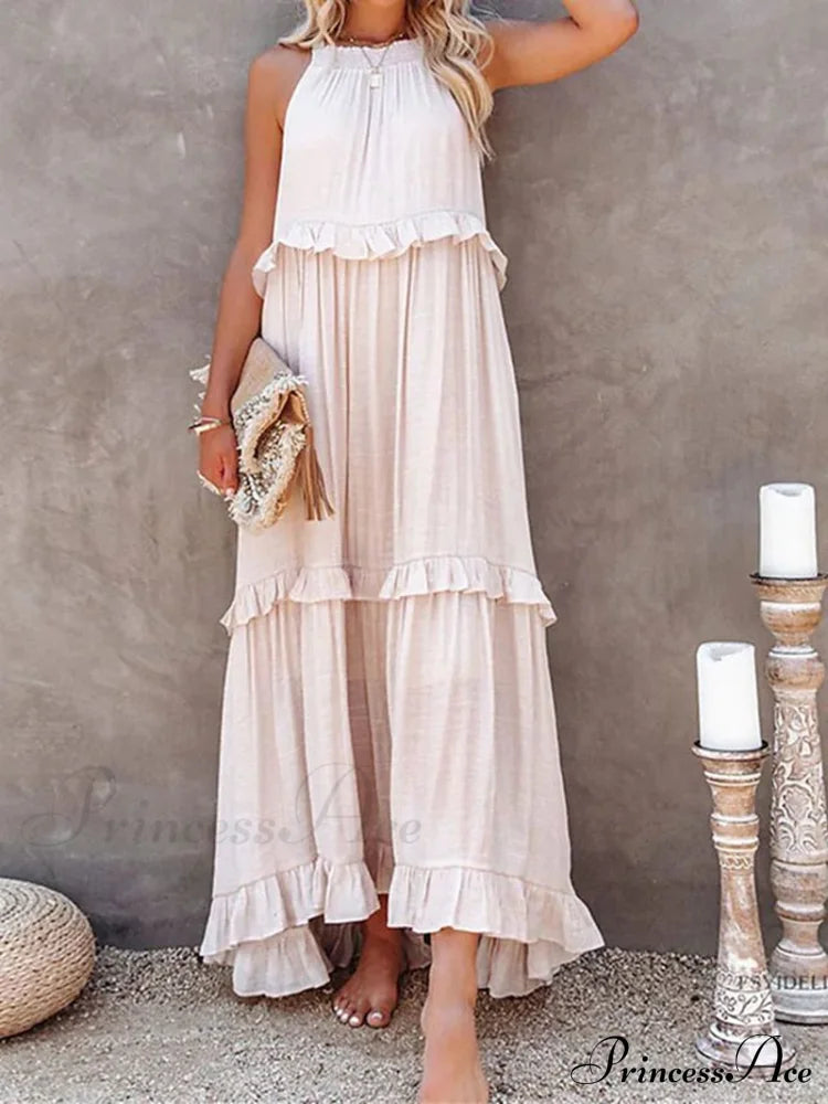 Casual Elegant Ruffle Halter Sleeveless Classic Female Party Outfits Beach Maxi Dress Apricot / S