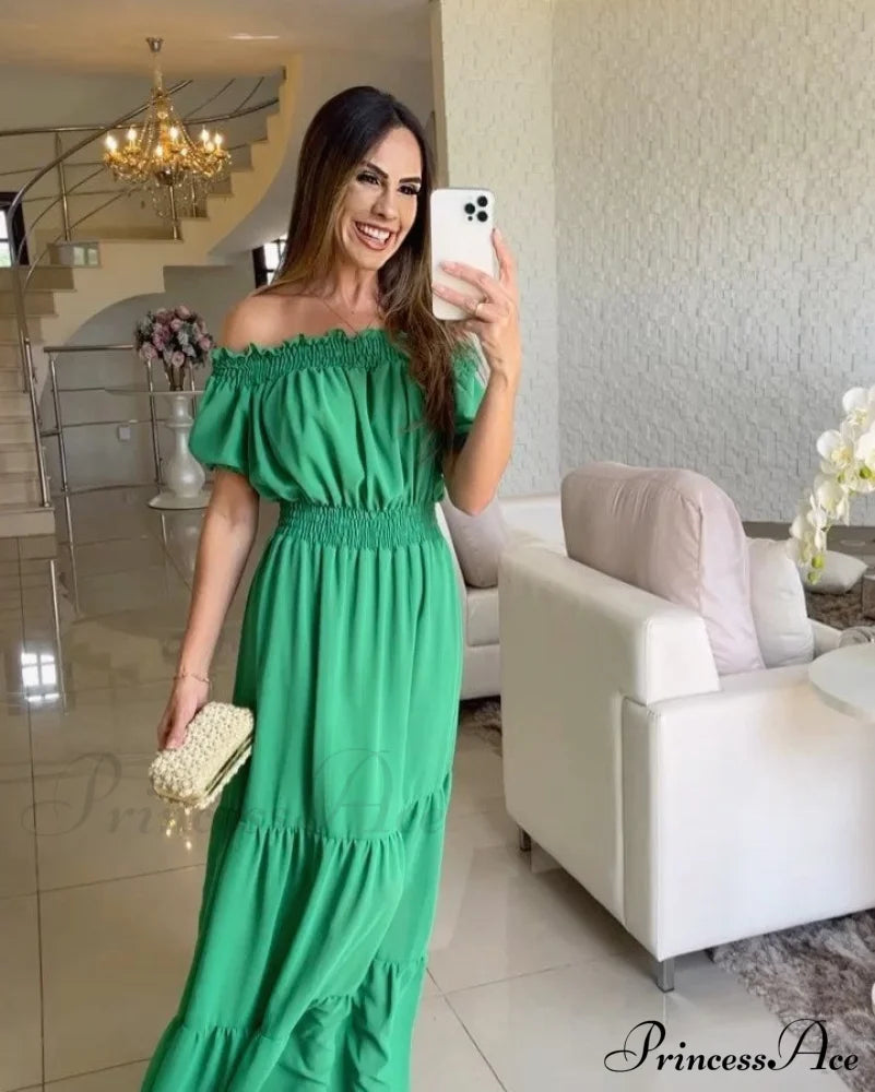 Casual Elegant Ruffle Halter Sleeveless Classic Female Party Outfits Beach Maxi Dress Green-02 / S