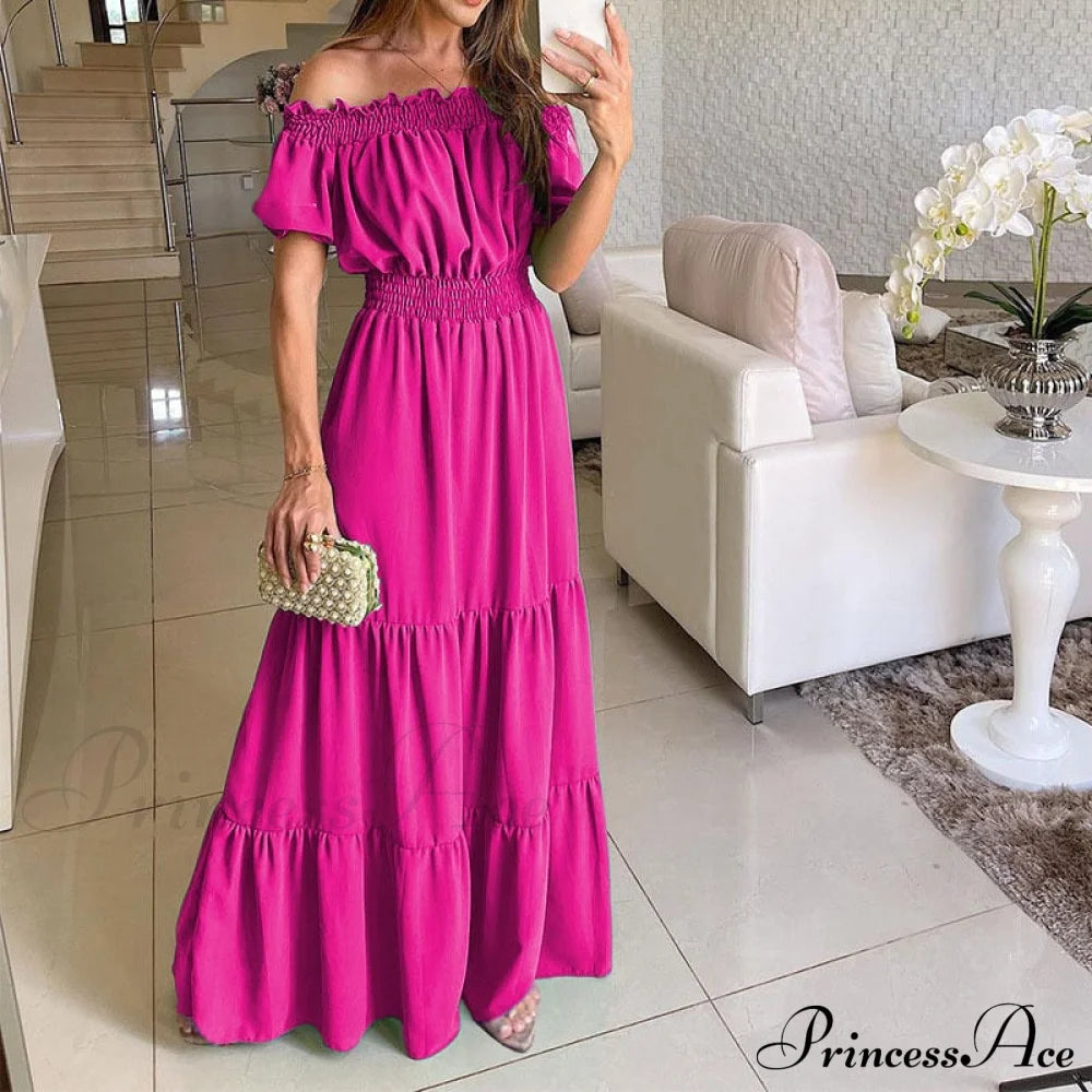 Casual Elegant Ruffle Halter Sleeveless Classic Female Party Outfits Beach Maxi Dress Rose / S