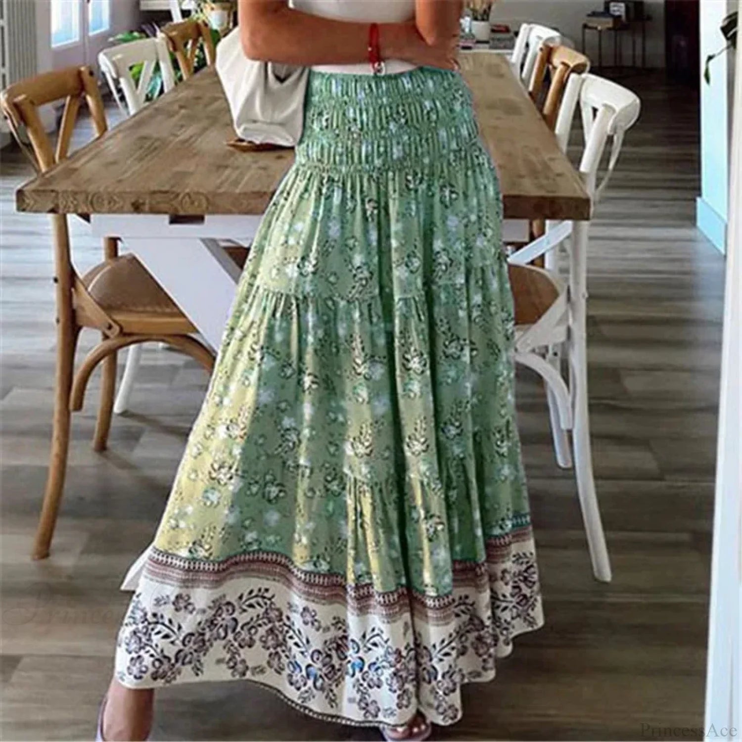 Casual Floral Elastic Waist Boho Style Skirt Green / S skirt-250126
