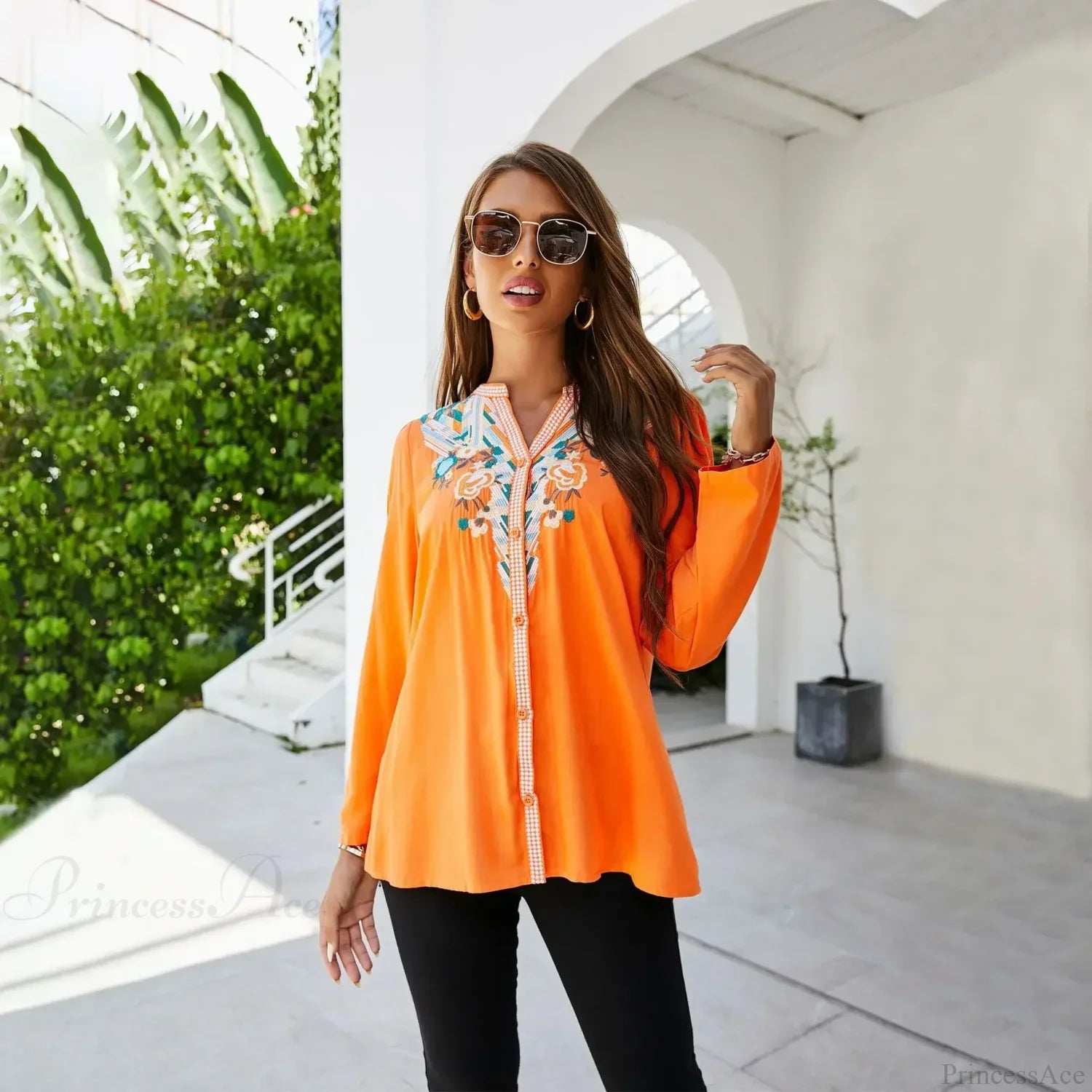 Casual Floral Embroidery Oversize Cotton Long Sleeve Boho Blouse bohoblouse-250126