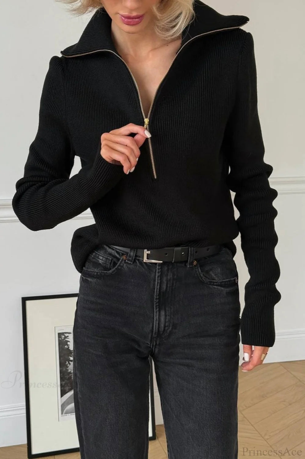 Casual Half-Zip Fitted Knit Long Sleeve Blouse Black / S