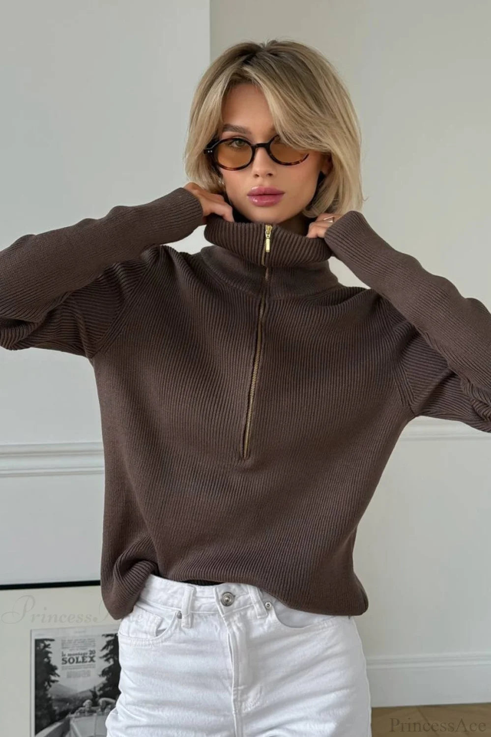 Casual Half-Zip Fitted Knit Long Sleeve Blouse Brown / S