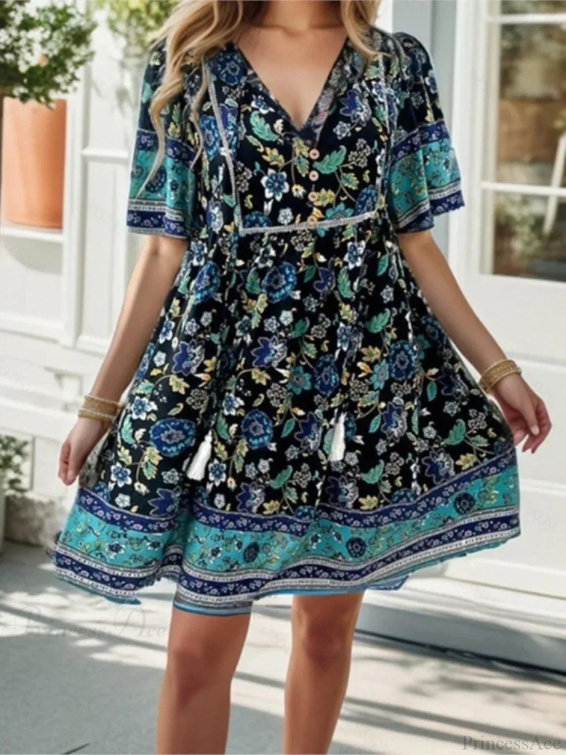 Casual Holiday Floral Print V-neck Short Sleeve Sundress oldfloraldress-250126