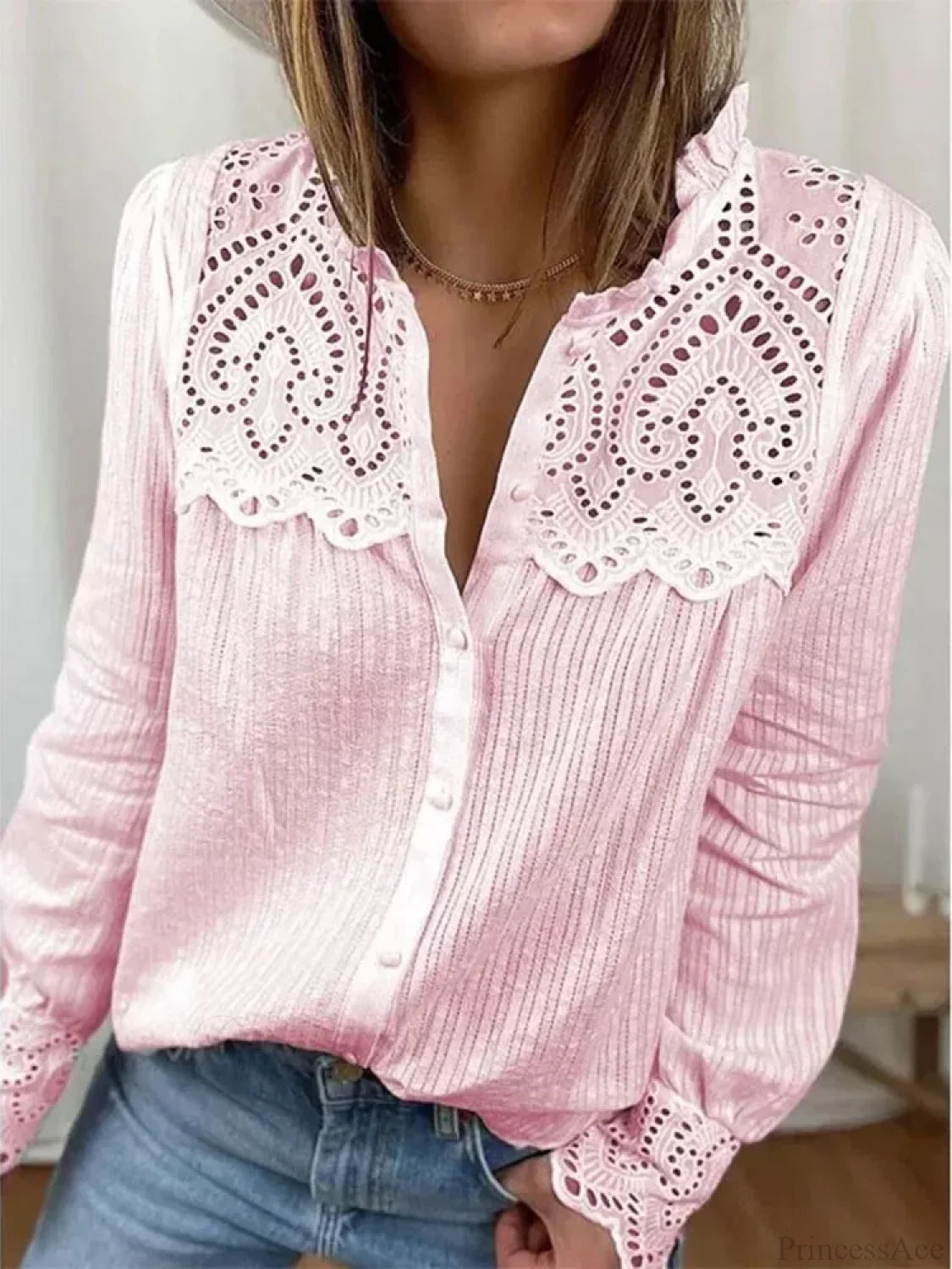 Casual Lace O-neck Loose Blouse blouse-250126