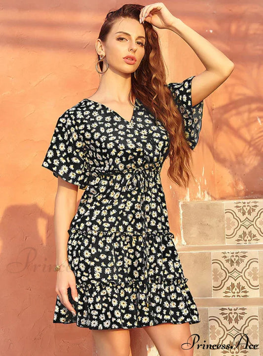 Casual Lace-Up With Gown V-Neck Flowered Design S / Pink Lace Dress