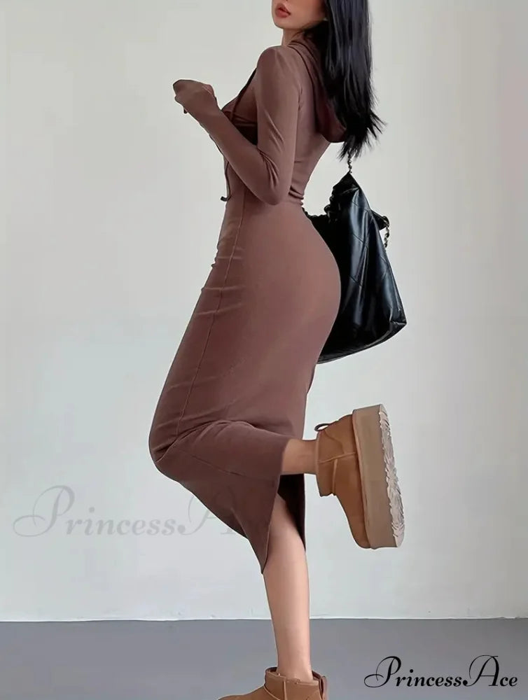 Casual Long Sleeve Drawstring Hooded Bodycon Dress - Black S / Coffee Black Long Bodycon Dress