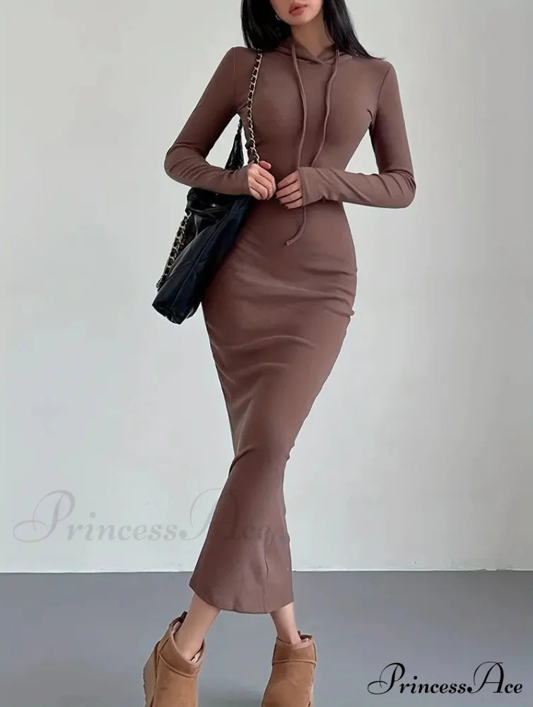 Casual Long Sleeve Drawstring Hooded Bodycon Dress - Black S / Gray Black Long Bodycon Dress