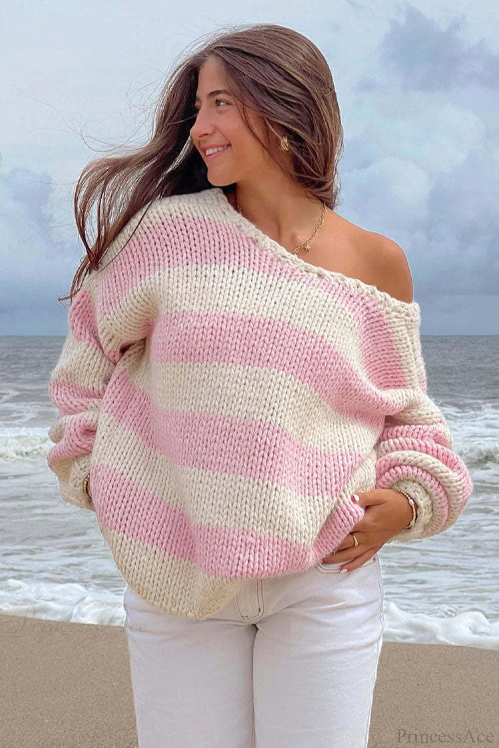 Casual Loose Off-Shoulder Striped Sweet Sweater Pink / S
