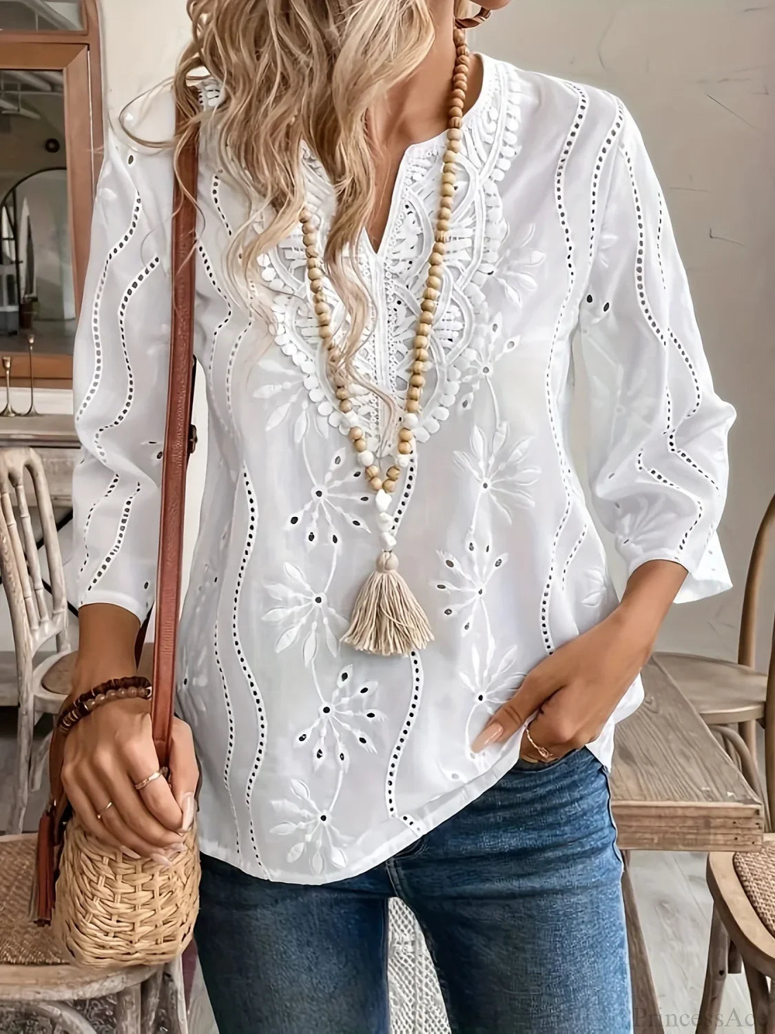 Casual Loose V-neck Lace Splicing White Blouse blouse-250126