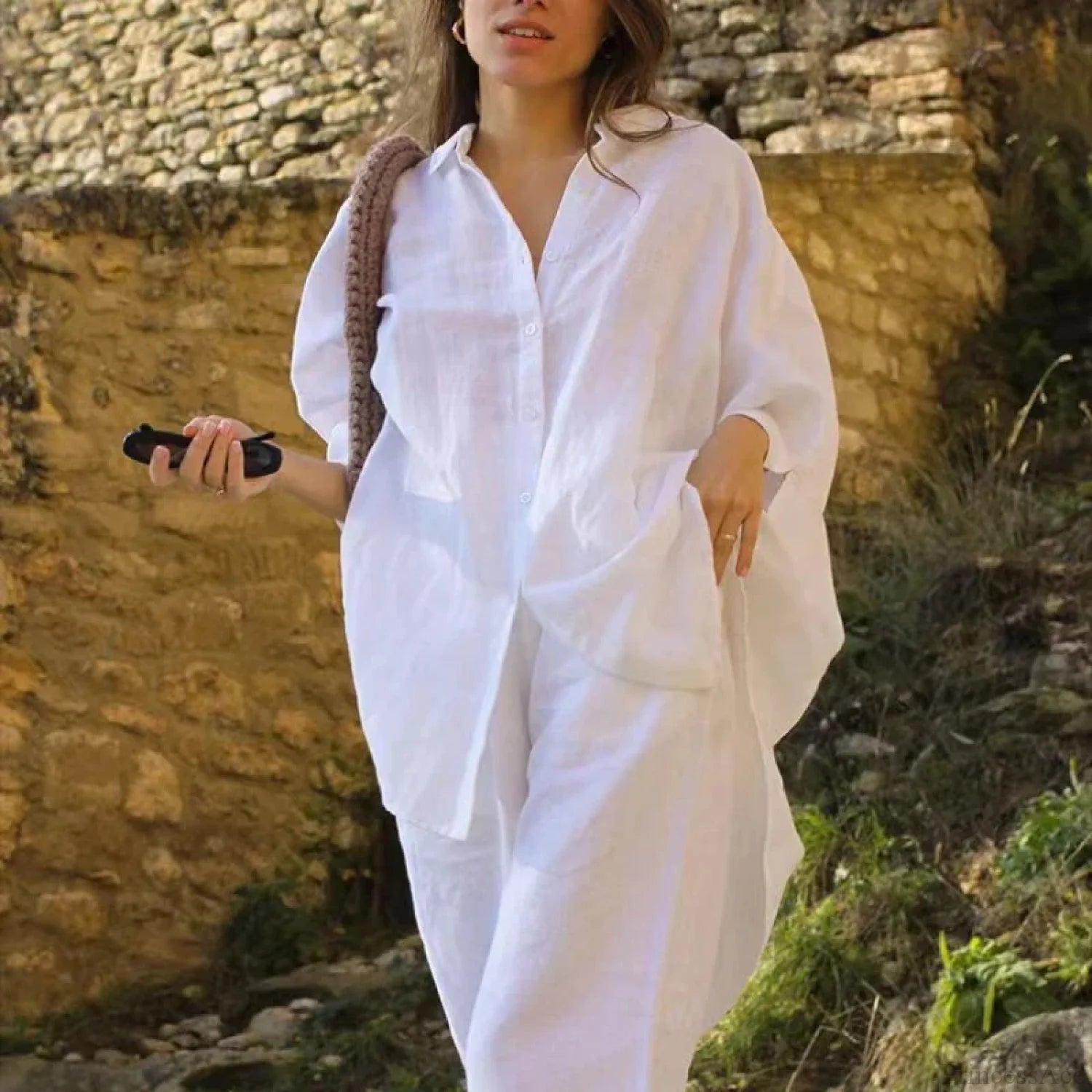 Casual Loose White Button-up Half Sleeve Blouse blouse-250126