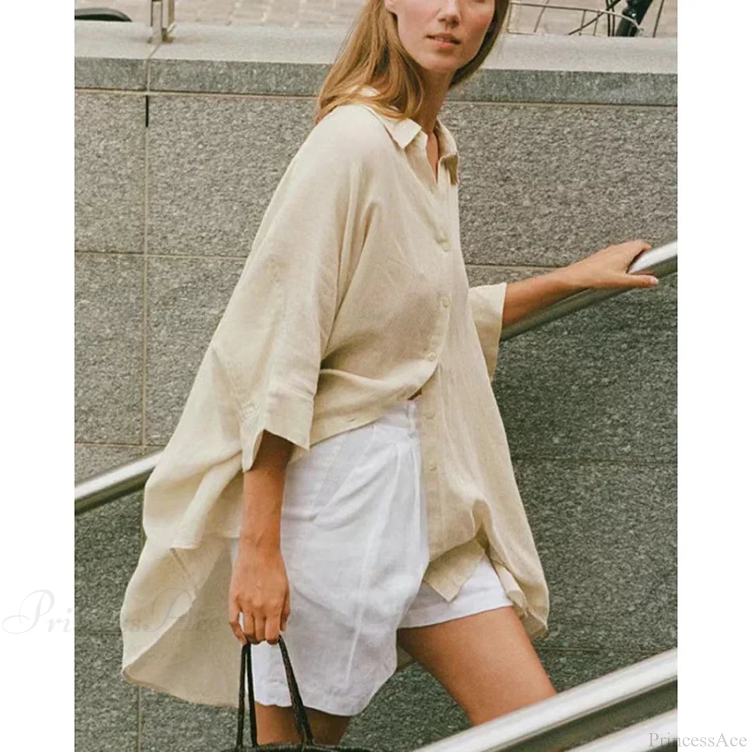 Casual Loose White Button-up Half Sleeve Blouse blouse-250126