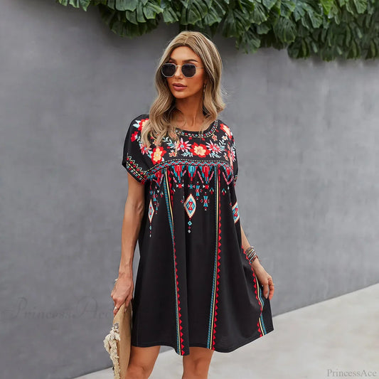 Casual O-neck Cotton Boho Dress Black / S bohodress-250126