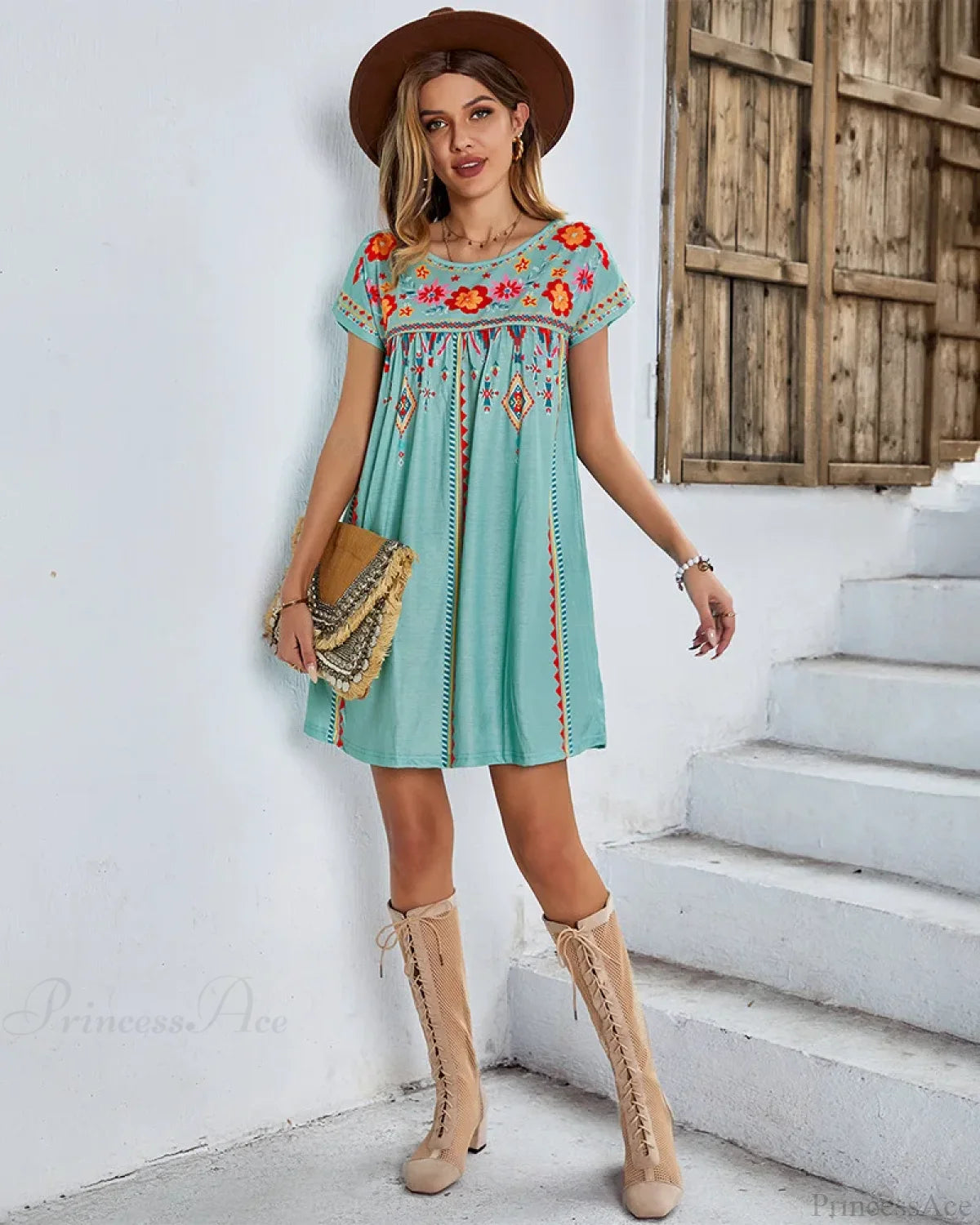Casual O-neck Cotton Boho Dress bohodress-250126