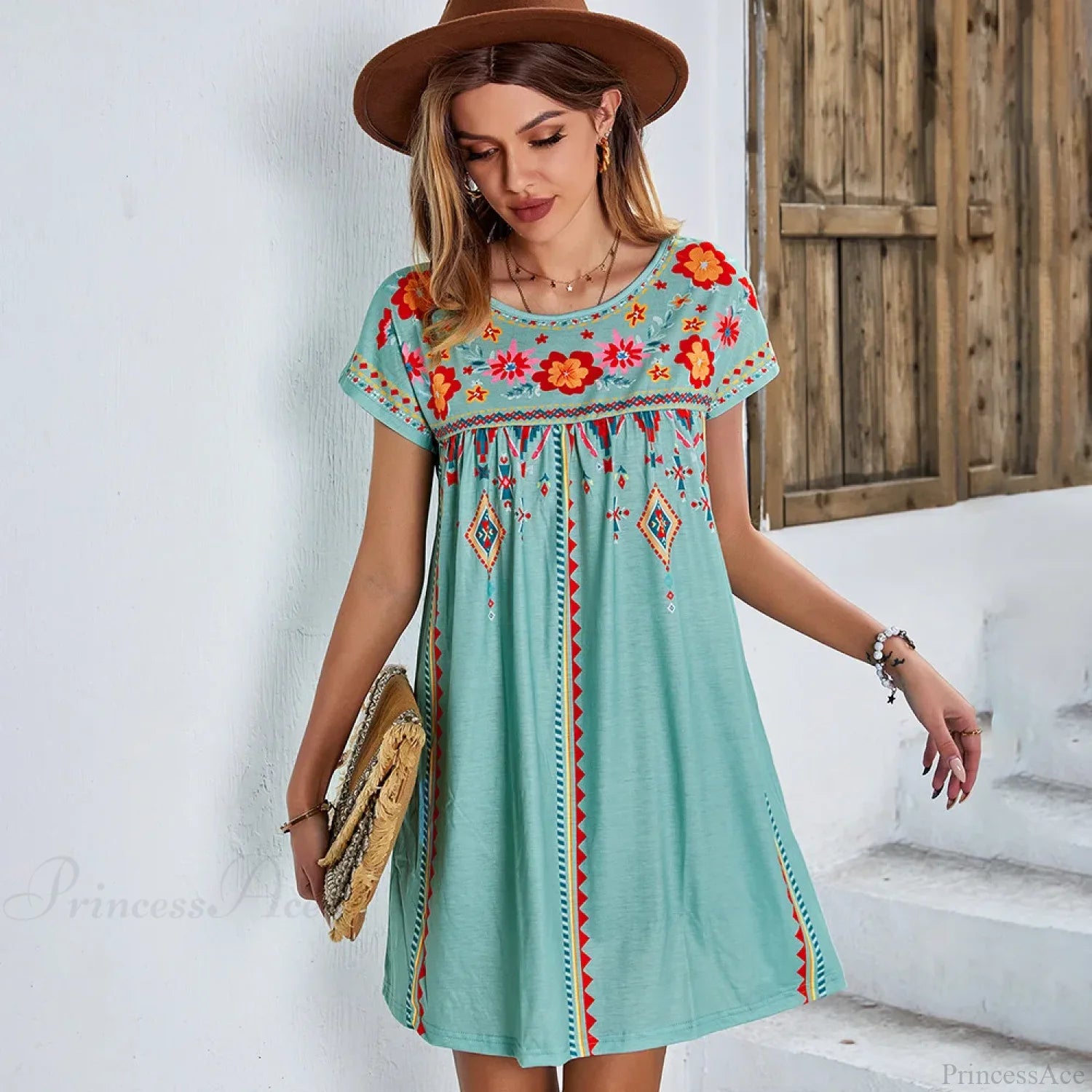 Casual O-neck Cotton Boho Dress Green / S bohodress-250126