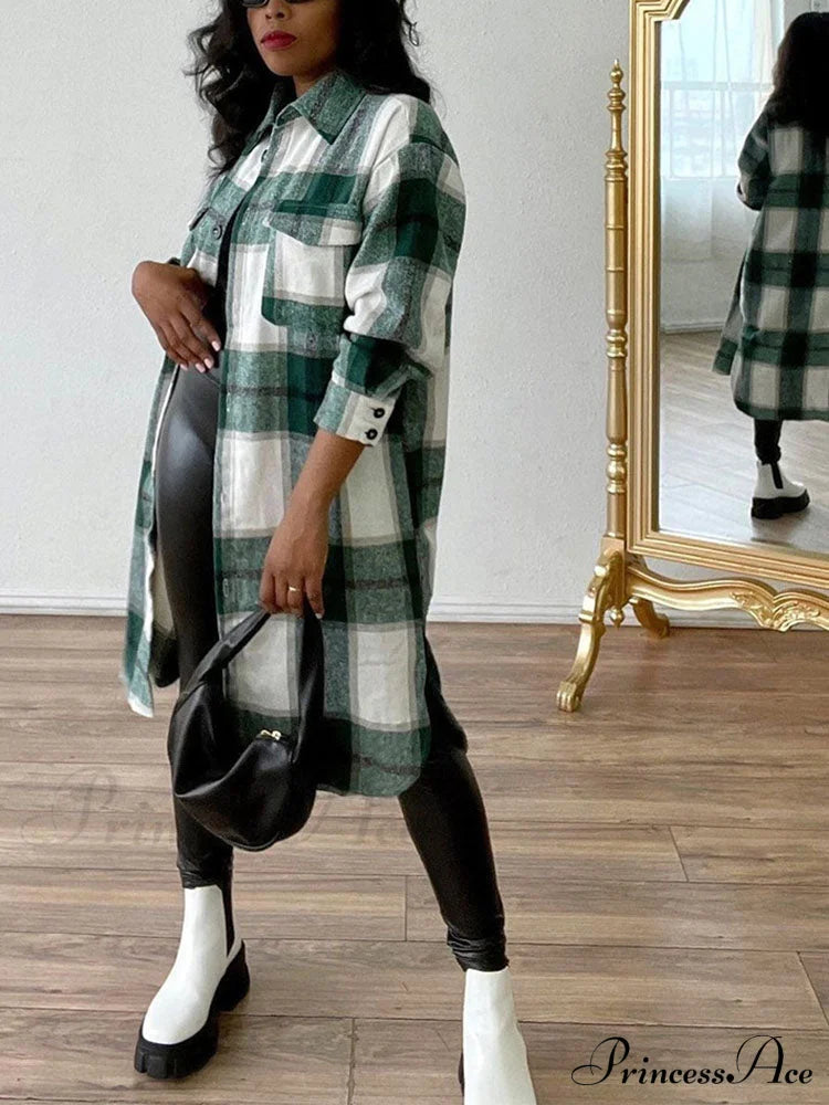 Casual Plaid Graceful Printed Shirt Green / S Coats-L