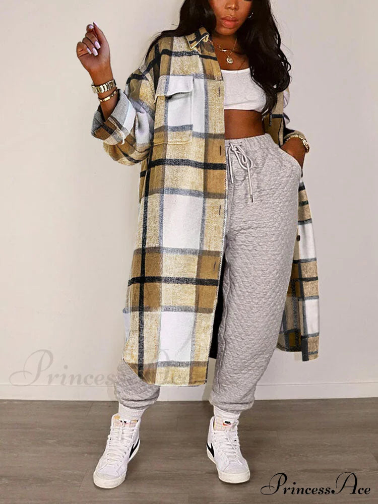 Casual Plaid Graceful Printed Shirt Khaki / S Coats-L