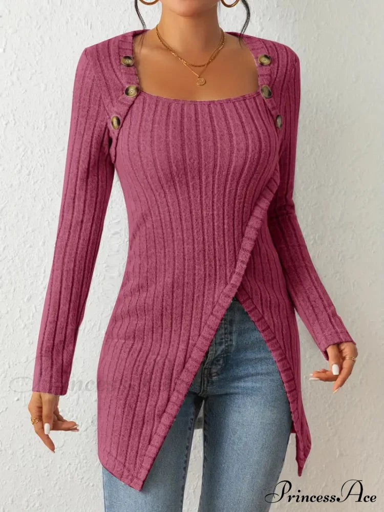 Casual Ribbed Long Sleeve Top Dress With Asymmetrical Hem M / Green Long Sleeve Sweater Dress