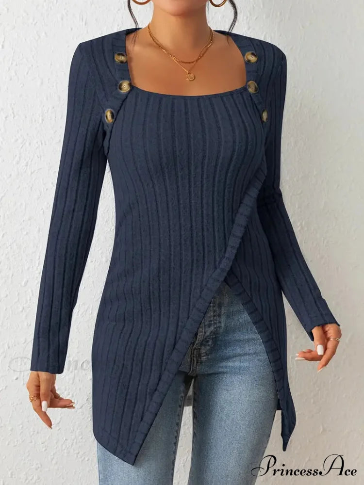 Casual Ribbed Long Sleeve Top Dress With Asymmetrical Hem S / Silver Gray Long Sleeve Sweater Dress