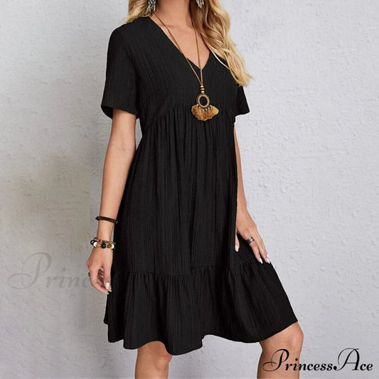 Women's Casual Dress Ruffle V Neck Midi Shift Dress Black __stock:400 casual dresses clothes dresses refund_fee:1200