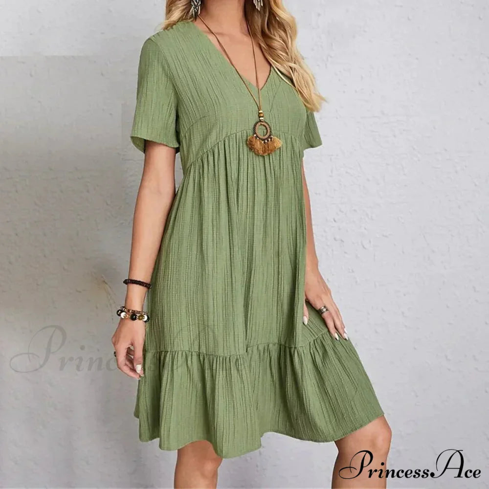 Women's Casual Dress Ruffle V Neck Midi Shift Dress Green __stock:400 casual dresses clothes dresses refund_fee:1200