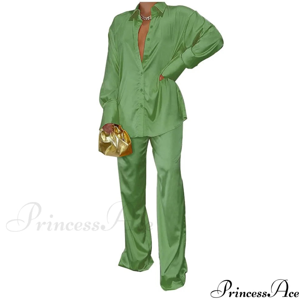 Casual - Set Elegant Women’s Long And With Outfit Wide Solid Two Piece Arm Blouse Leg Loose Satin