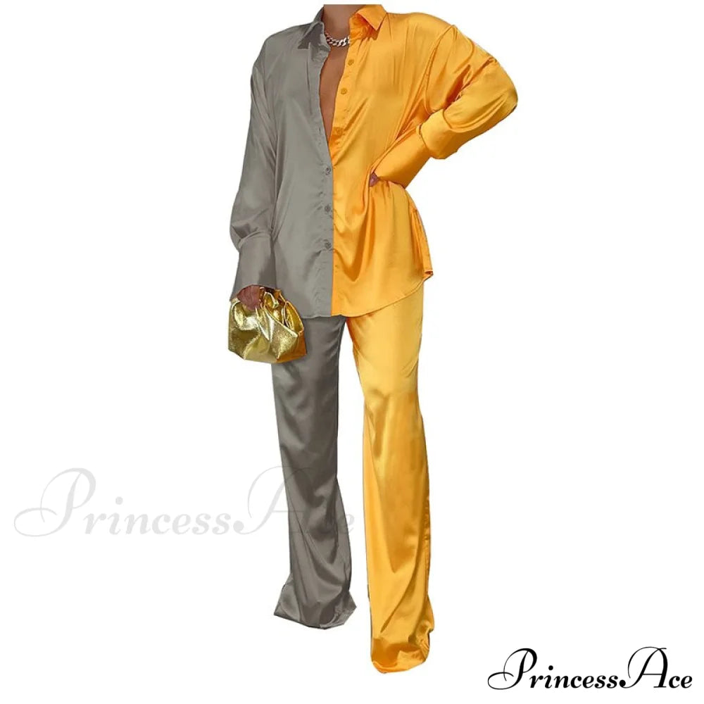 Casual - Set Elegant Women’s Long And With Outfit Wide Solid Two Piece Arm Blouse Leg Loose Satin