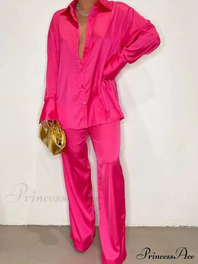 Casual - Set Elegant Women’s Long And With Outfit Wide Solid Two Piece Arm Blouse Leg Loose Satin