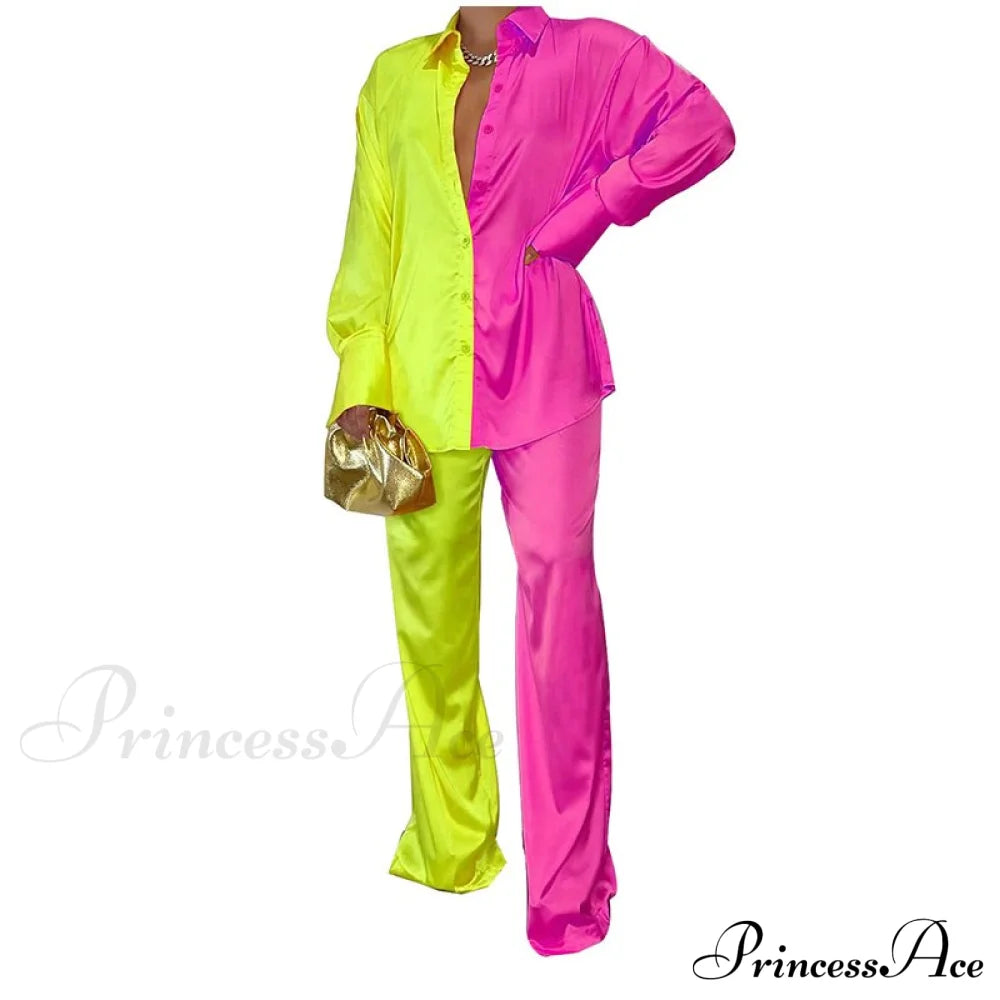 Casual - Set Elegant Women’s Long And With Outfit Wide Solid Two Piece Arm Blouse Leg Loose Satin