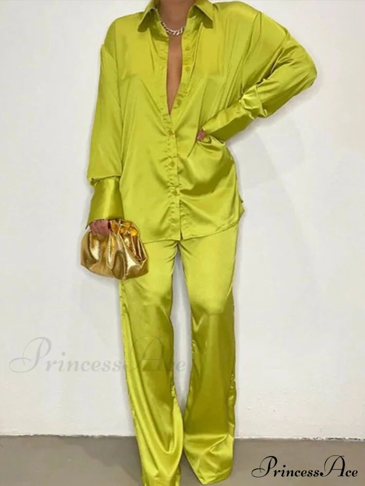 Casual - Set Elegant Women’s Long And With Outfit Wide Solid Two Piece Arm Blouse Leg Loose Satin