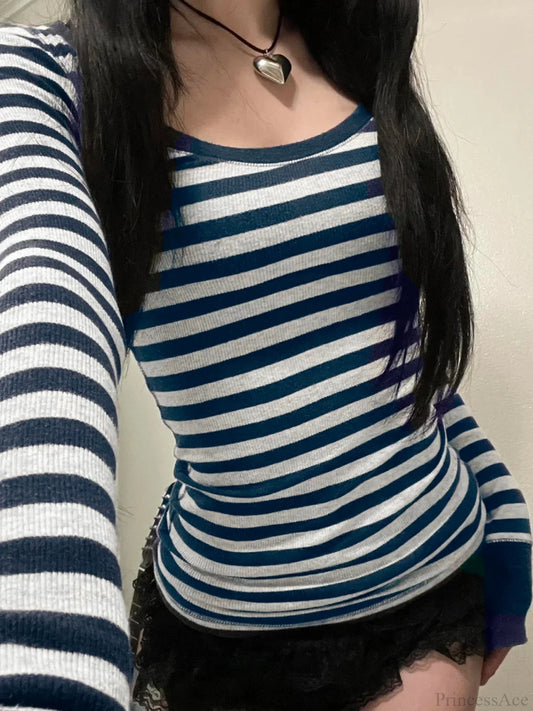 Casual Slim Striped Autumn Spring Basic O-Neck Knit Top Blue / S knittop-250126