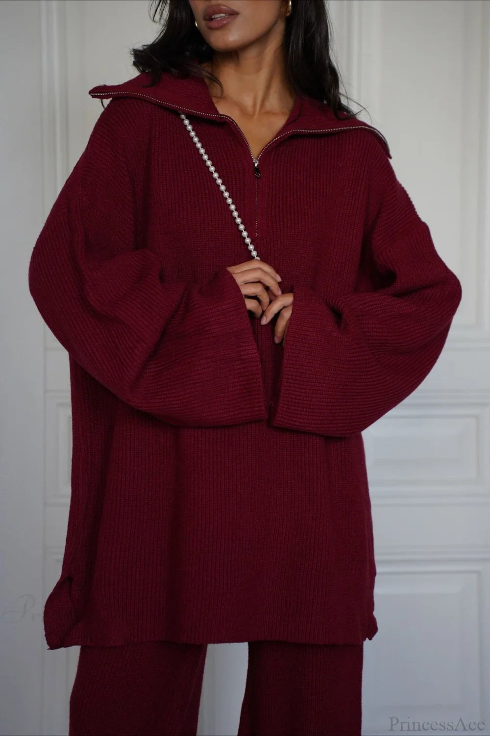 casual Solid Angora Red Half-Zip Knit Two Piece Set