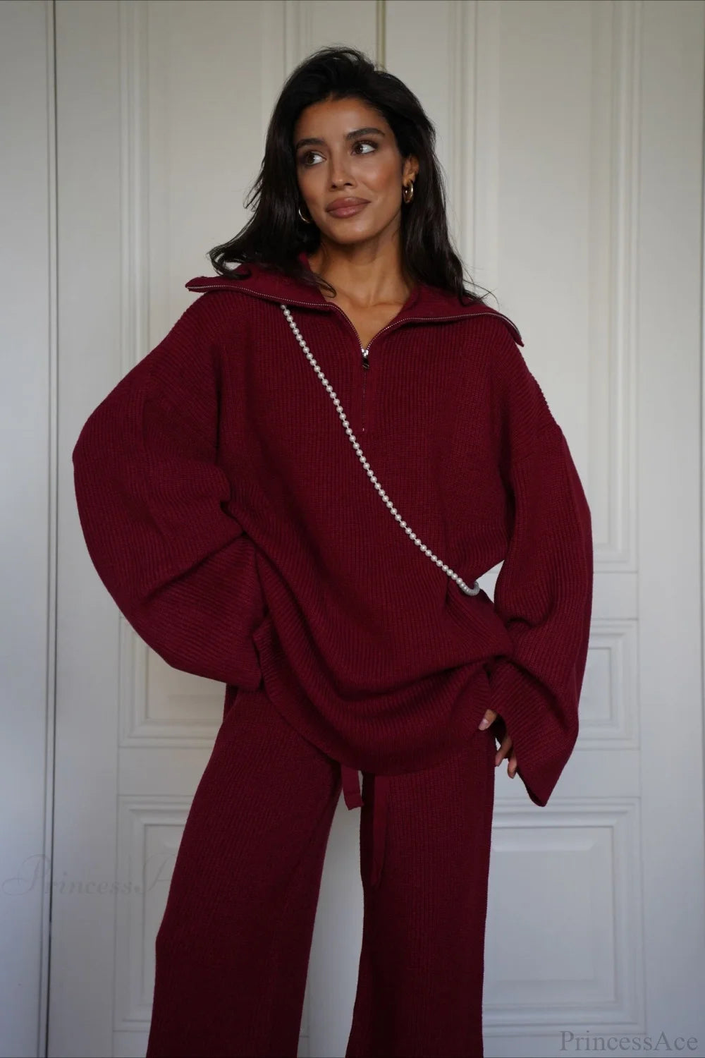 casual Solid Angora Red Half-Zip Knit Two Piece Set