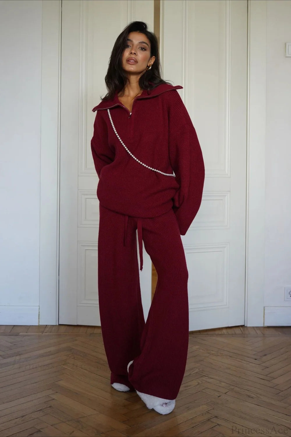 casual Solid Angora Red Half-Zip Knit Two Piece Set