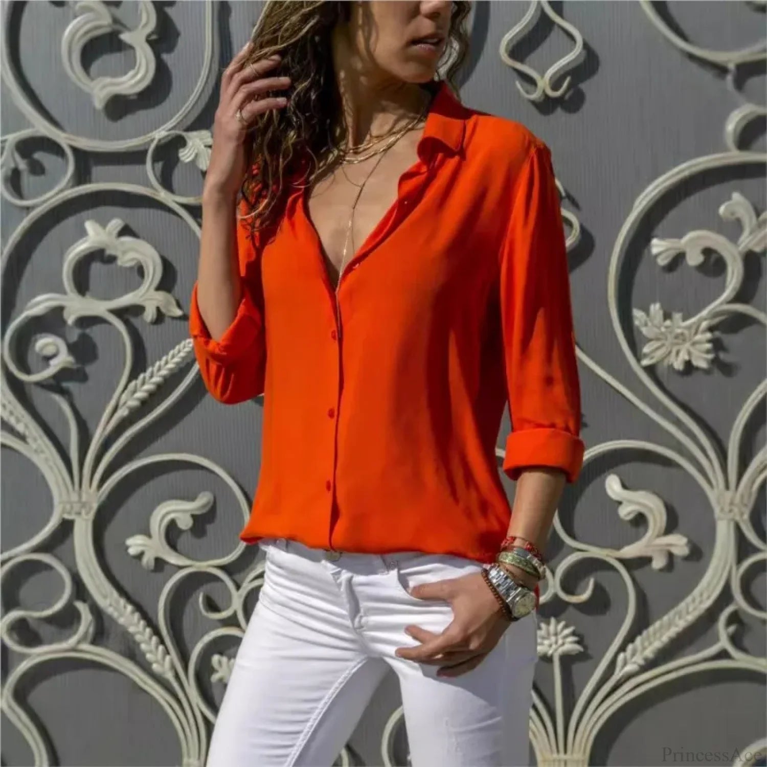 Casual Solid Color Long Sleeve Button Blouse blouse-250126