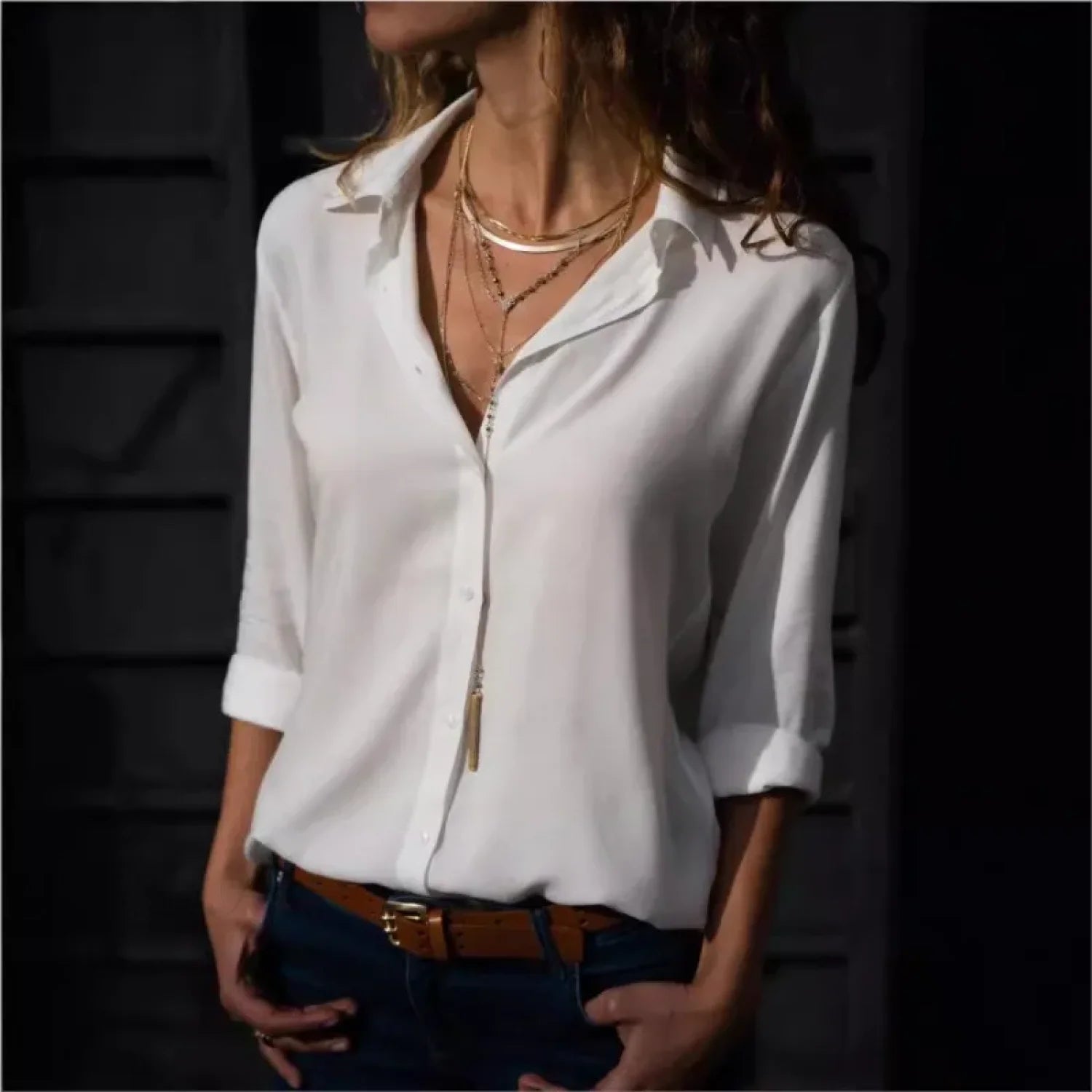 Casual Solid Color Long Sleeve Button Blouse blouse-250126