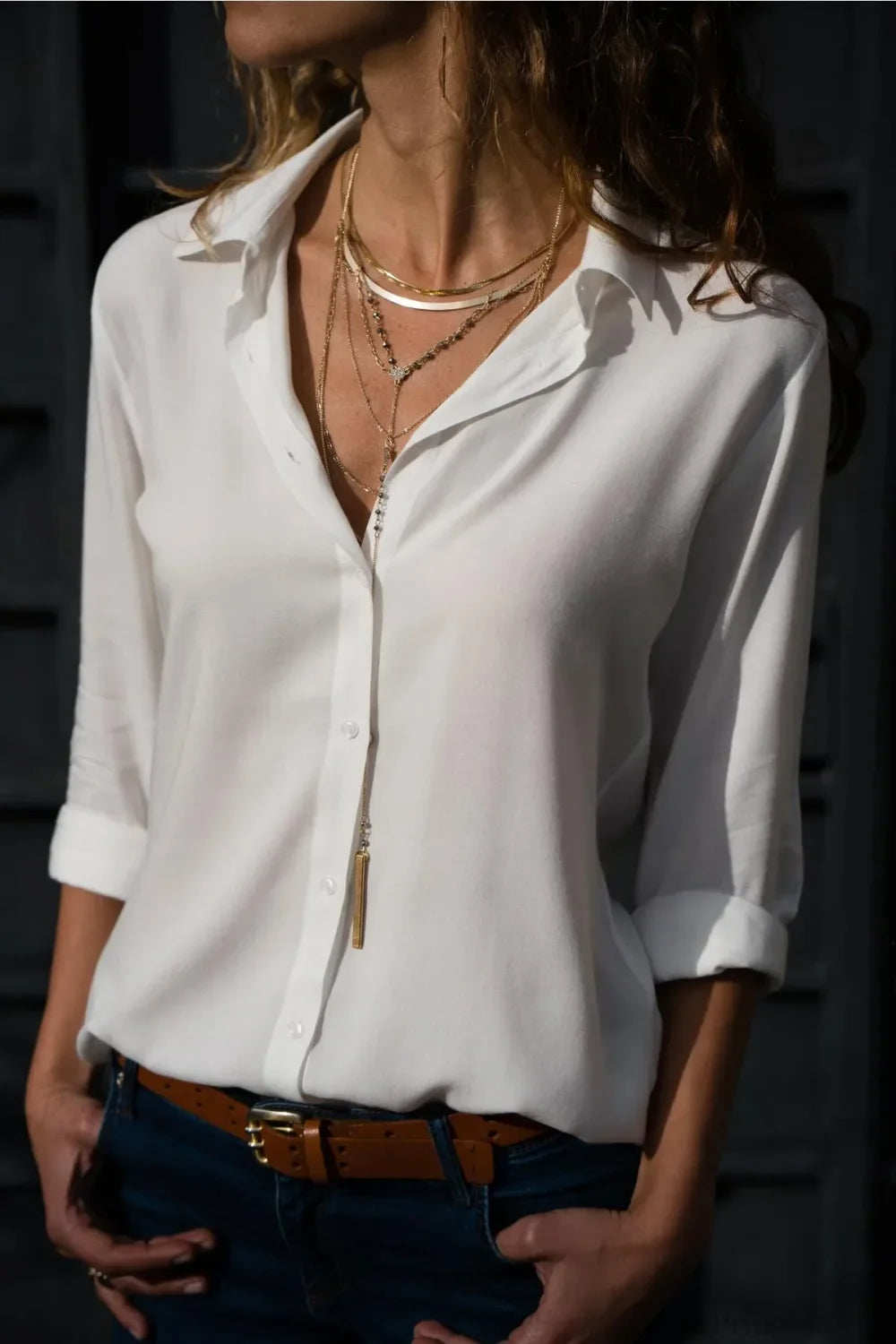 Casual Solid Color Long Sleeve Button Blouse White / S blouse-250126