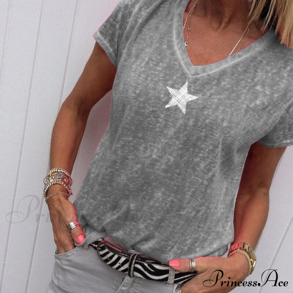 Casual Solid Color Short Sleeve V Neck T-Shirt B Gray / S