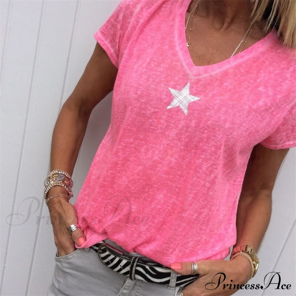Casual Solid Color Short Sleeve V Neck T-Shirt B Pink / S