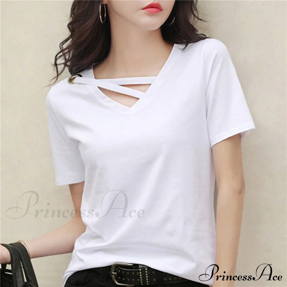 Casual Solid Color Short Sleeve V Neck T-Shirt D White / S
