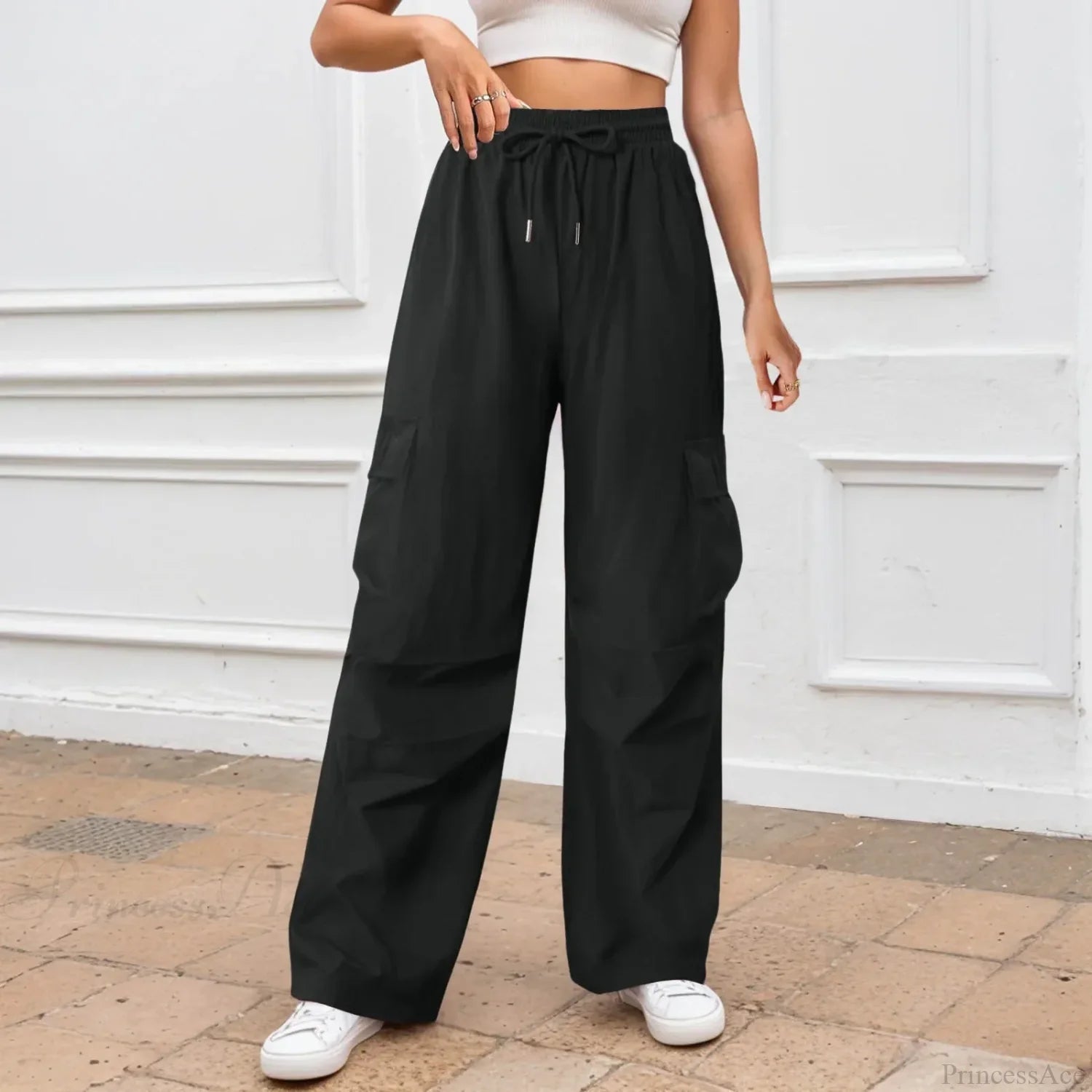 Casual Solid Color Wide Leg Pants Black / S