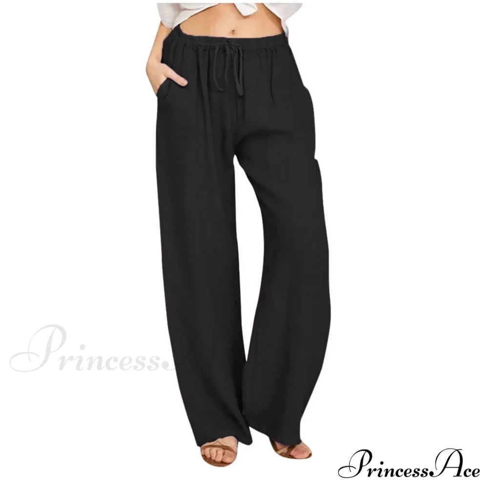 Casual Solid Drawstring Patchwork Low-Waisted Flare Spring Summer Pants Black / S