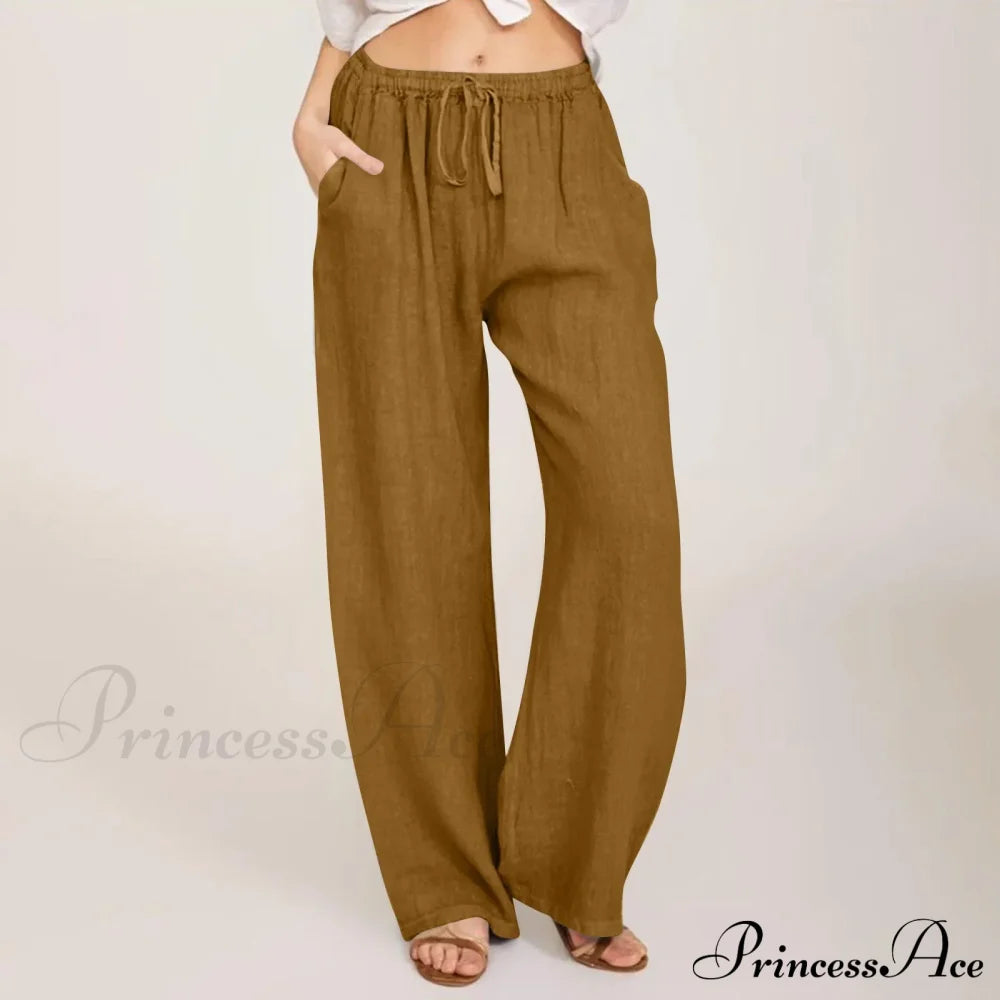 Casual Solid Drawstring Patchwork Low-Waisted Flare Spring Summer Pants Brown / S
