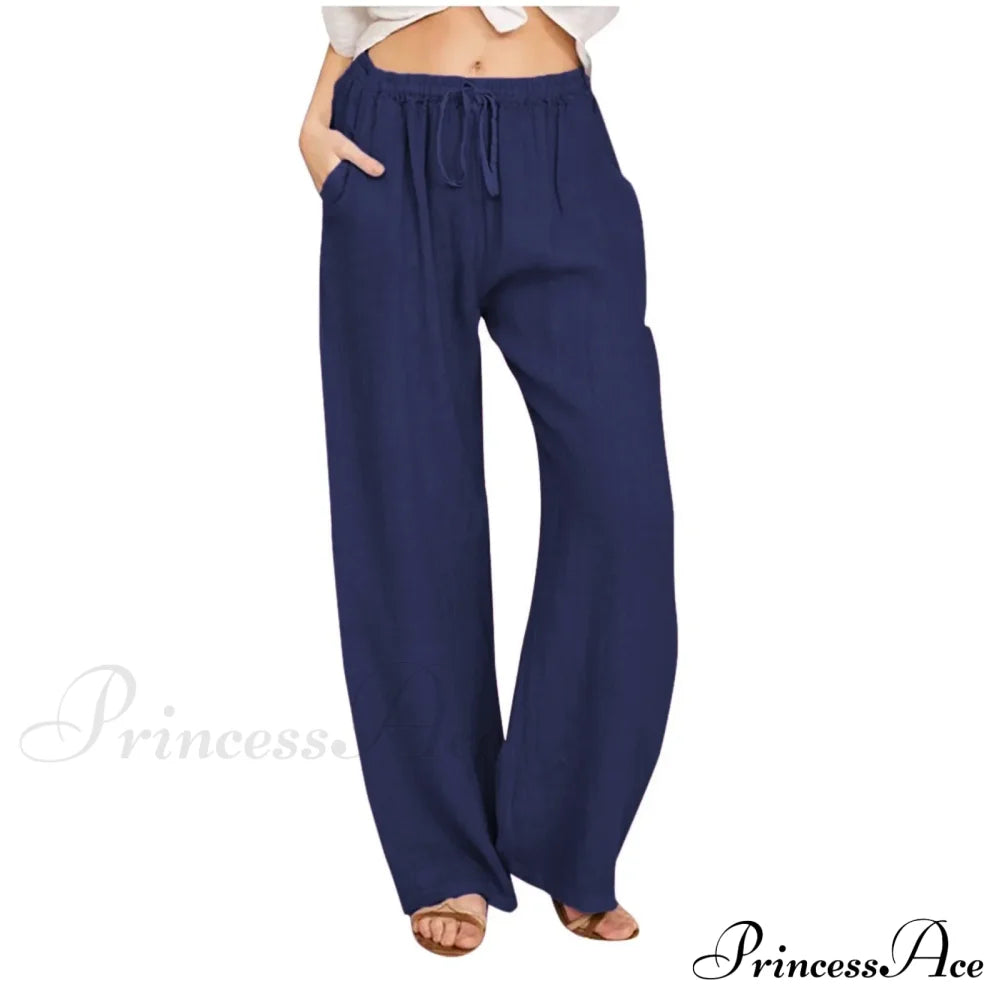 Casual Solid Drawstring Patchwork Low-Waisted Flare Spring Summer Pants Navy / S