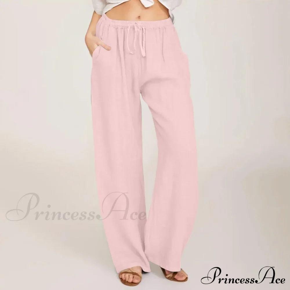 Casual Solid Drawstring Patchwork Low-Waisted Flare Spring Summer Pants Pink / S